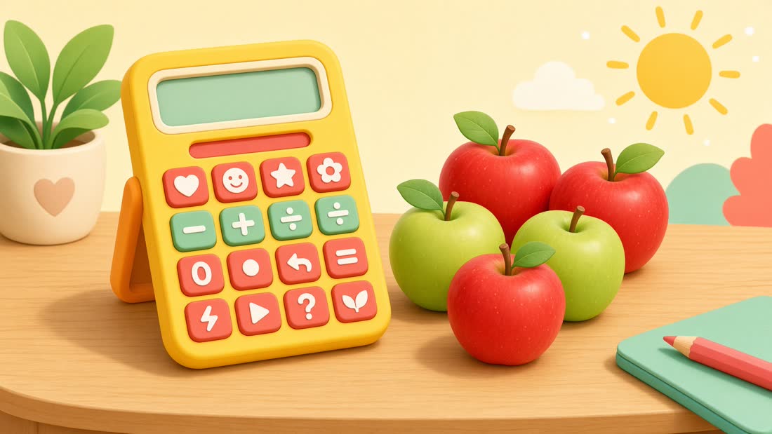 A yellow toy calculator beside three red apples and two green apples