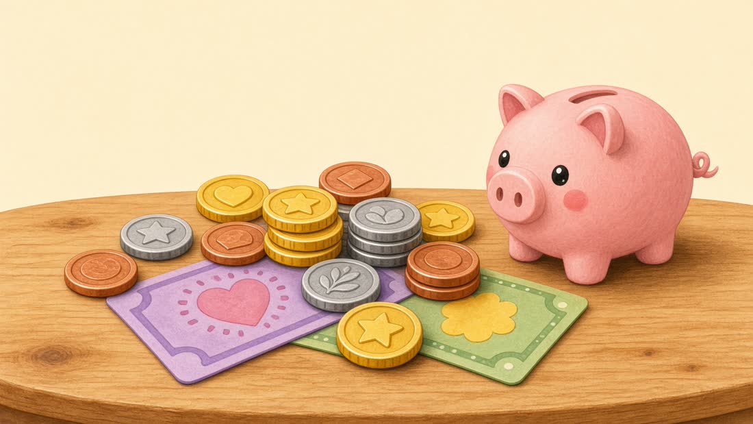 A pile of toy coins beside a piggy bank
