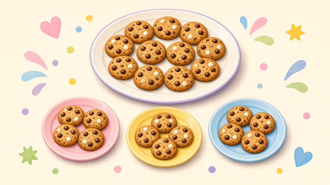 Twelve cookies shared onto three plates