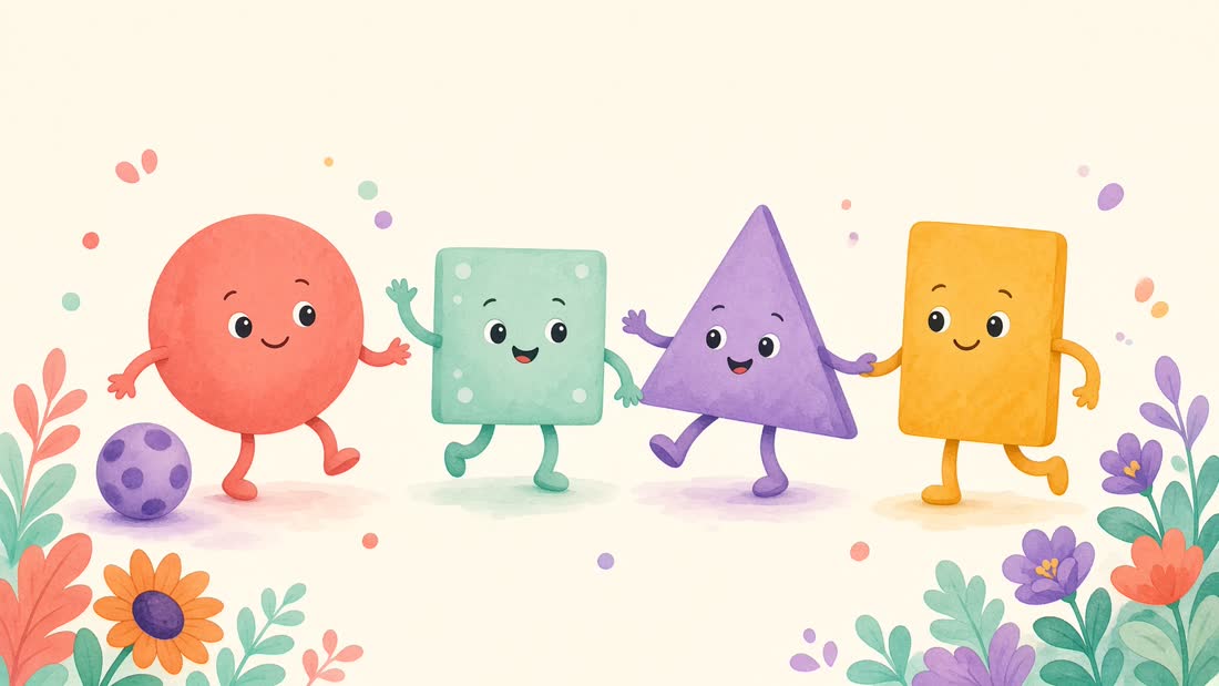 A circle, square, triangle and rectangle as friendly characters