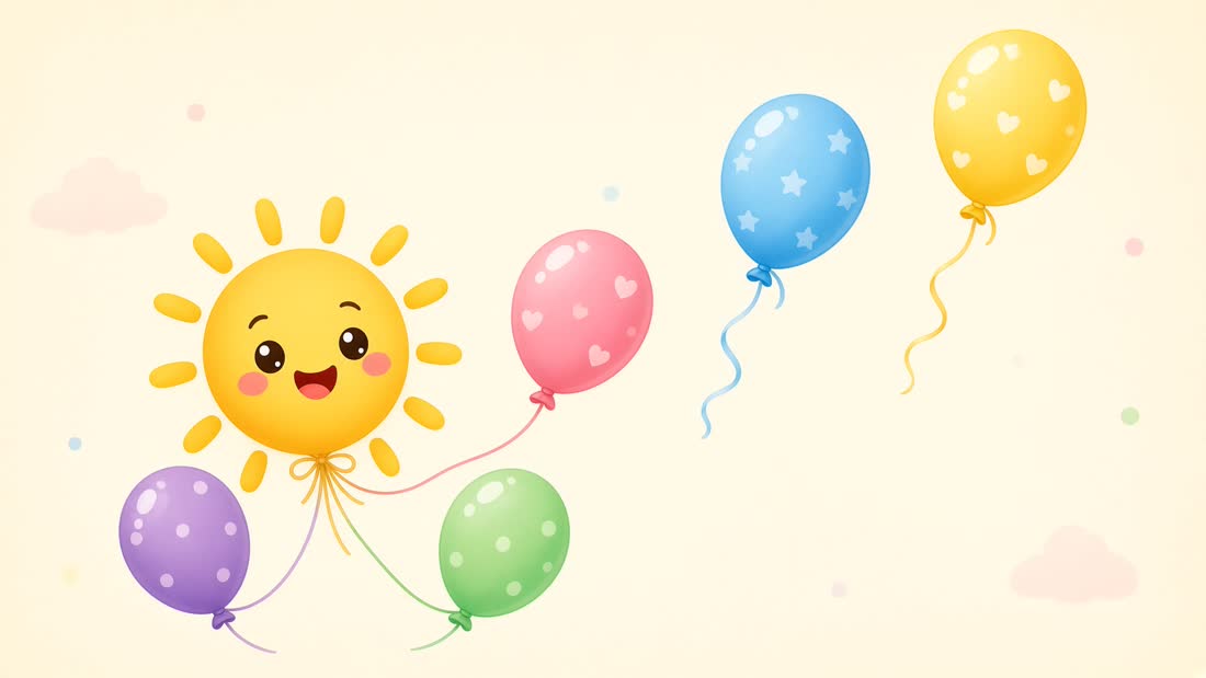 Five balloons, with two floating away and three still held